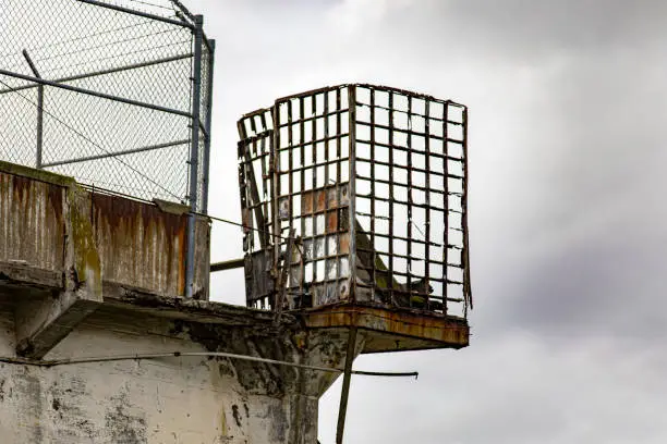 Photo of Sentry box of the federal prison of Alcatraz Island in the middle of the bay of the city of San Francisco, California, USA. Very famous prison that has appeared several times in movies.