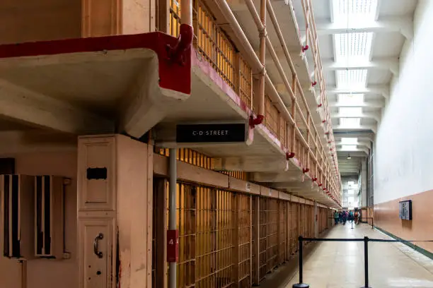 Photo of C and d street cells of the federal prison on Alcatraz Island in the middle of San Francisco, California, USA. Very famous prison that has appeared several times in movies.