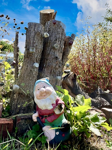 Gnome in a sunny garden leaning up against a tree stump.