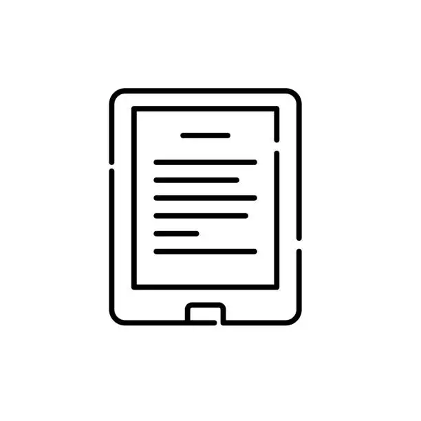 Vector illustration of Electronic book reader device. Digital library access from any place. Pixel perfect, editable stroke