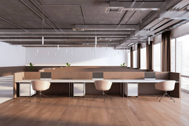 istock Clean concrete and wooden coworking office interior with panoramic windows and daylight. 3D Rendering. 1498648369