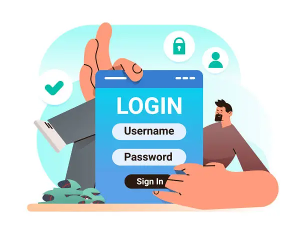 Vector illustration of man login to social media app mobile or computer application users entering username and password create an account