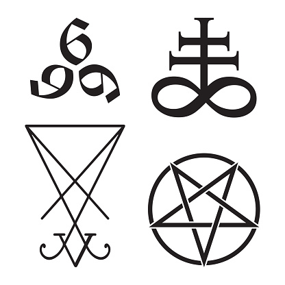 Set of occult symbols Leviathan Cross, pentagram, Lucifer sigil and 666 the number of the beast hand drawn black and white isolated vector illustration. Blackwork, flash tattoo or print design