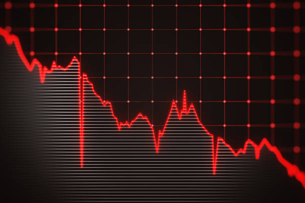 Falling down red financial chart background. 3D Rendering stock photo