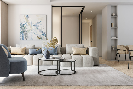 3d rendering of a contemporary luxury living room with leather sofa