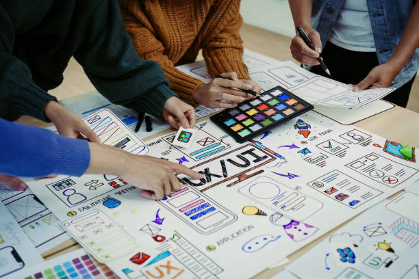 istock Team of Creative Web, Graphic Designer planning, drawing website ux ui app for mobile phone application and development template layout, process to developing prototype wireframe. 1498653120