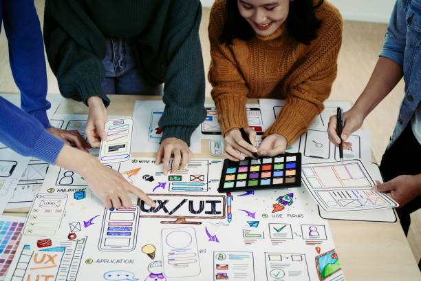 istock Team of Creative Web, Graphic Designer planning for mobile phone, drawing website ux ui app for mobile phone application and development template layout, process to developing prototype wireframe. 1498653184