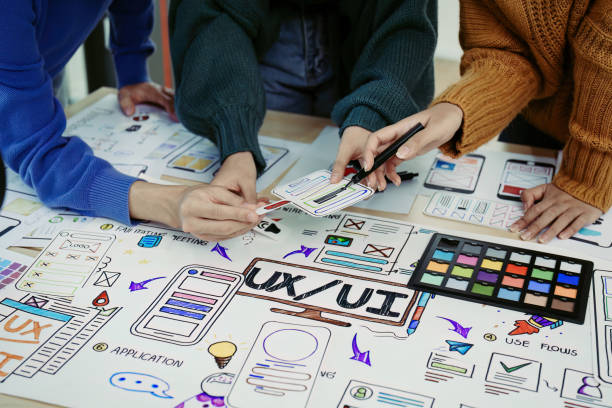 istock Team of Creative Web, Graphic Designer planning for mobile phone, drawing website ux ui app for mobile phone application and development template layout, process to developing prototype wireframe. 1498653323
