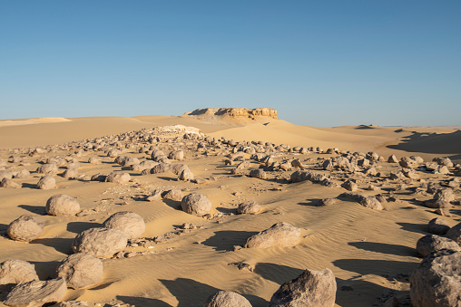 Landscape scenic view of desolate barren western desert in Egypt with geological watermelon chert nodules rock drunka formations in wadi el battikh