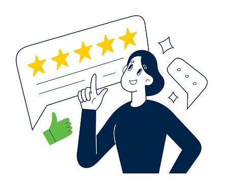 Person leaves positive feedback, woman writes review in comment form, customer chooses 5 stars rating, online survey, abstract interface, customer giving assessment feedback, vector illustration