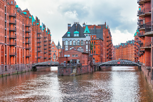 Speicherstadt Hamburg . Nice view of water canal and German architecture in Hamburg