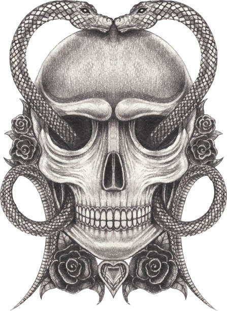 Surreal skull tattoo. Hand drawing and make graphic vector. snake anatomy stock illustrations