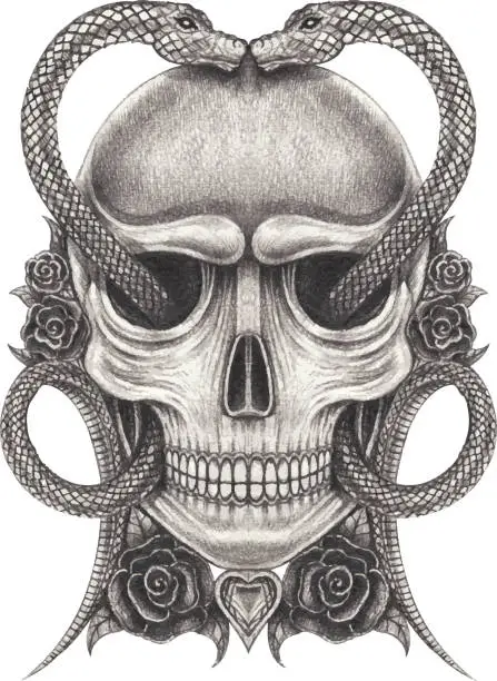 Vector illustration of Surreal skull tattoo.