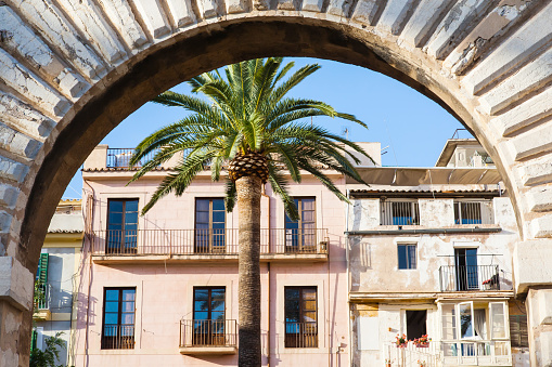 Arched passage. Inside a residential building and a palm tree. The architecture of the streets of Palma de Mallorca.