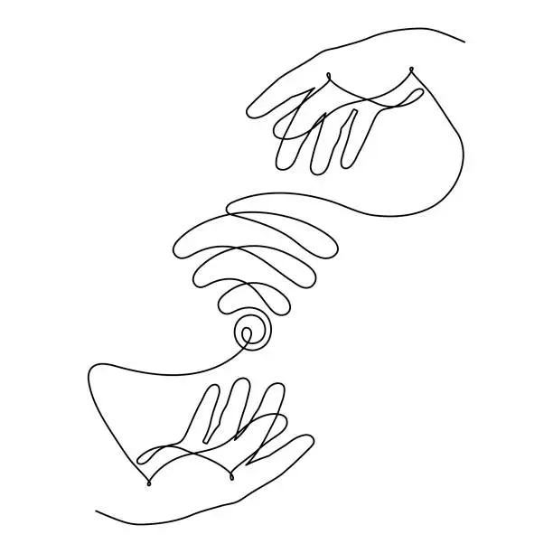 Vector illustration of Hand with WI-FI signal one line art,hand drawn pals holds internet hotspot,access point continuous contour.Free zone wireless online concept,template outline.Editable stroke.