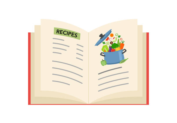 membuka buku masak dalam desain datar dengan latar belakang putih. resep buku konsep vektor ilustrasi. - buku masak ilustrasi stok