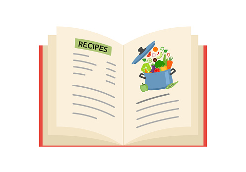 Opening cook book in flat design on white background. Recipes book concept vector illustration.
