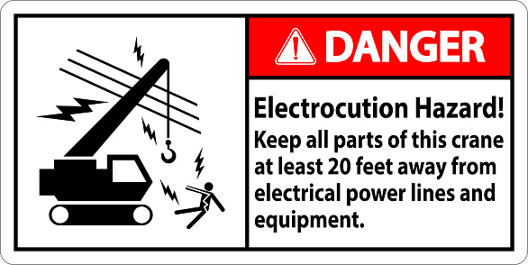 Danger Sign Electrocution Hazard, Keep All Parts Of This Crane At Least 20 Feet Away From Electrical Power Lines And Equipment