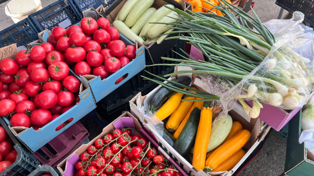 istock Fresh assorted vegetables in a plastic crates and cardboxes. Ripe red tomatoes, green onion, yellow vegetables, zucchini in plastic boxes on the counter of the outside store.Vegetables, farmers market 1498664296