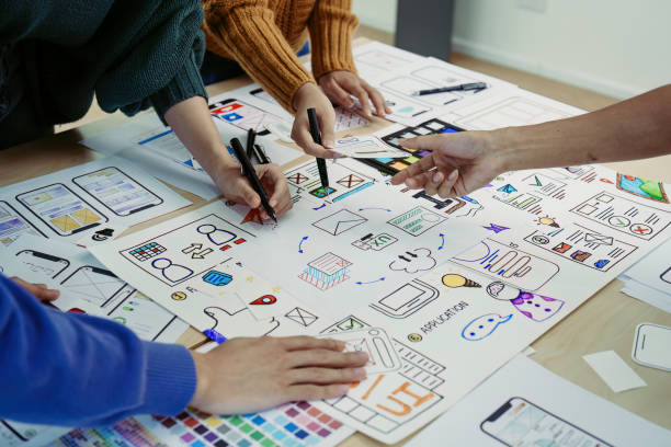 istock Team of Creative Web, Graphic Designer planning, drawing website ux ui app for mobile phone application and development template layout, process to developing prototype wireframe. 1498664353