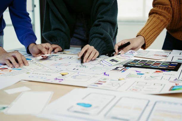 istock Team of Creative Web, Graphic Designer planning, drawing website ux ui app for mobile phone application and development template layout, process to developing prototype wireframe. 1498664400