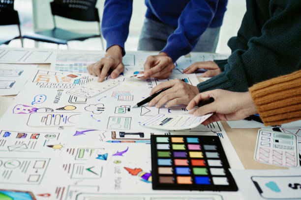 istock Team of Creative Web, Graphic Designer planning, drawing website ux ui app for mobile phone application and development template layout, process to developing prototype wireframe. 1498664424