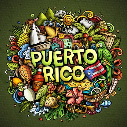 Puerto Rico cartoon doodle illustration. Funny Puerto-Rican design. Creative vector background with Caribbean country elements and objects. Colorful composition