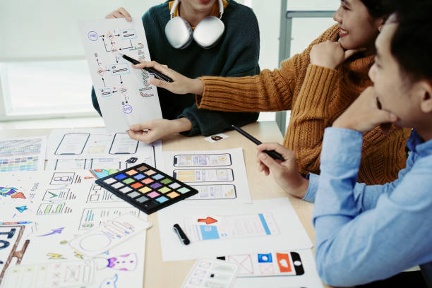 istock Team of Creative Web, Graphic Designer planning, drawing website ux ui app for mobile phone application and development template layout, process to developing prototype wireframe. 1498664628