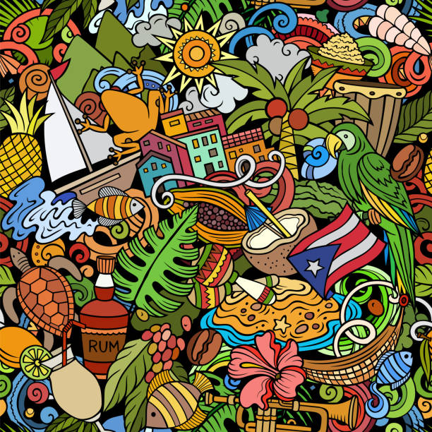 PUERTO RICO doodles seamless pattern. vector art illustration