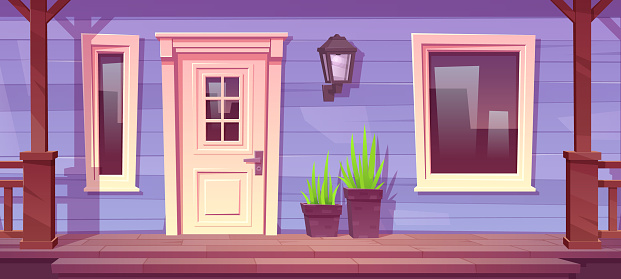 House porch with front door, wall, windows, columns, fence and stair. Home entrance, building facade with wooden terrace, plants and lamp, vector cartoon illustration