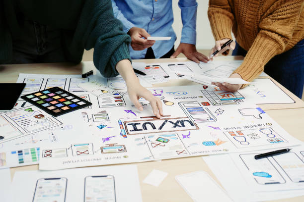 istock Team of Creative Web, Graphic Designer planning, drawing website ux ui app for mobile phone application and development template layout, process to developing prototype wireframe. 1498664785