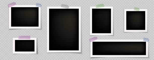 Image collage with photo frames and sticky tape Image collage with photo frames. Template of album, gallery wall with blank photography, paper snapshots with white border and adhesive tape, vector realistic set isolated on transparent background photo png pictures stock illustrations