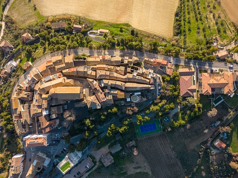 An aerial view of Monteprandone with its medieval architecture. Ascoli Piceno, Italy.