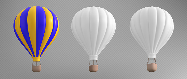 Realistic set of hot air balloon mockups isolated on transparent background. Vector illustration of white and yellow blue color inflatable aircraft with basket for recreation travel, flight adventure