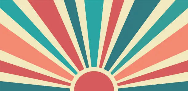 Vector illustration of Retro sunburst background. 70s old fashioned colorful radiate lines banner.