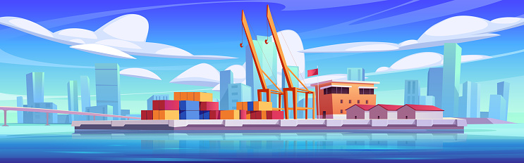 Vector sea port cargo container logistic. Export and import freight from seaport harbor terminal with crane. International goods shipment industry via ocean water. Harbour commerce infrastructure