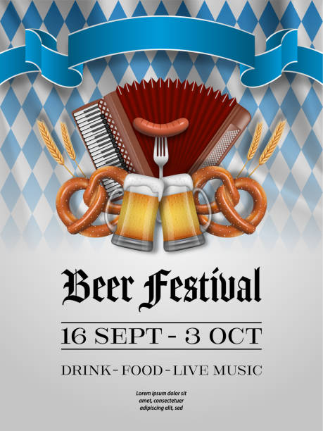 ilustraciones, imágenes clip art, dibujos animados e iconos de stock de cartel del festival de la cerveza con acordeón, pretzel y jarras de cerveza - acordeon