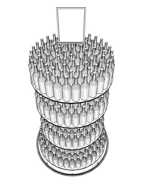 kontur butelki wina ułożone na drewnianych stojakach. ilustracja wektorowa izolowana na białym tle. wektorowa ikona stojaka na butelki cienką linią, na białym tle. znak i symbol piwa i browaru - wine cellar wine rack rack stock illustrations