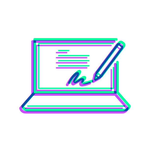 ilustrações de stock, clip art, desenhos animados e ícones de electronic signature on laptop. icon with two color overlay on white background - check mark digital composite blue computer icon