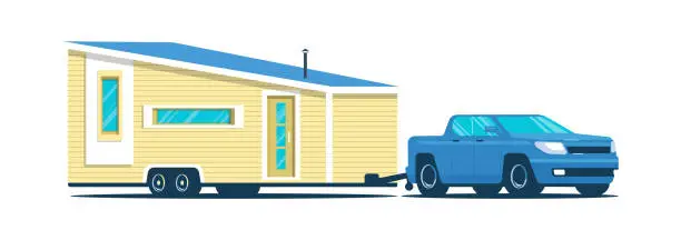 Vector illustration of Pickup truck towing a tiny house on a wheeled chassis isolated.