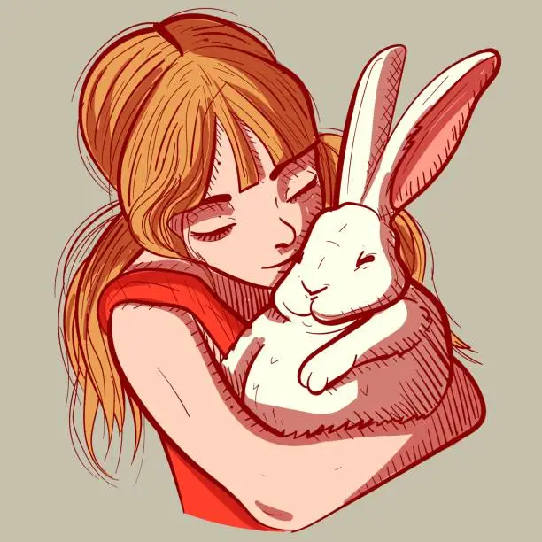 Vector illustration of Digital art of a child holding a chunky white bunny in her arms. Vector of a young girl and her rabbit pet hugging