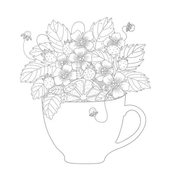 Vector illustration of Bouquet of herbal tea with strawberries, flowers, and leaves in a mug.