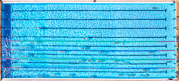 Aerial Top Down View Swimmers Swimming in outdoor olympic-size 50m Swimming Pool. Professional training.