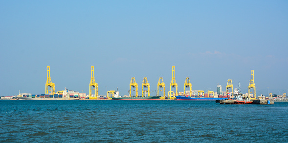 Cargo Port in Penang, Malaysia. Penang is a state located on the northwest coast of Peninsular Malaysia by the Malacca Strait.