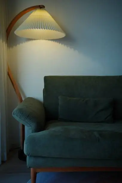 A contemporary lamp illuminates a living room featuring a comfortable sofa