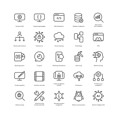 Outline style ui icons hard technical skill collection. Vector black linear icon illustration set. Programming, big data, management symbol isolated on white background. Design element