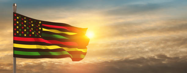 istock Alternative Juneteenth Flag on flagpole with sunrise or sunset. Since 1865. Banner. 1498679554