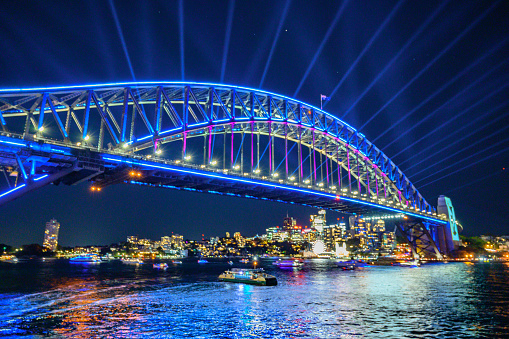 Sydney vivid light festival on Sydney Harbour. Sydney harbour bridge all lit up