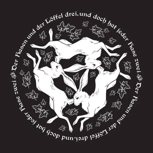 Vector illustration of Three hares with three ears medieval magic symbol of fertility isolated. Sticker, print or tattoo design vector illustration. Pagan totem, wiccan familiar spirit art