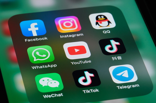 Shanghai,China-June 13st 2023: YouTube, WhatsApp, Facebook, WeChat, Instagram, Tencent QQ, TikTok, Douyin and Telegram App icon on screen. Assorted social media and social networking service brands